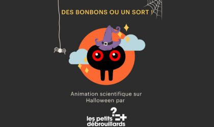 Accéder à l'événement : "Le laboratoire d'Halloween avec l'association Les Petits Débrouillards". Visuel : Au centre, un petit monstre mignon, sans bouche ni nez mais avec deux grands yeux rouges et un chapeau mauve. Autour, des éléments évoquant Halloween et un texte lisant "Des bonbons ou un sort ! Animation scientifique sur Halloween par Les Petits Débrouillards."