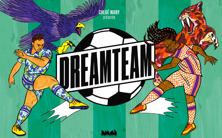 Visuel de la boîte du jeu de société "DREAMTEAM" : deux joueuses se faisant face, la balle au centre. Un aigle derrière la footballeuse de gauche et un tigre derrière la footballeuse de droite.