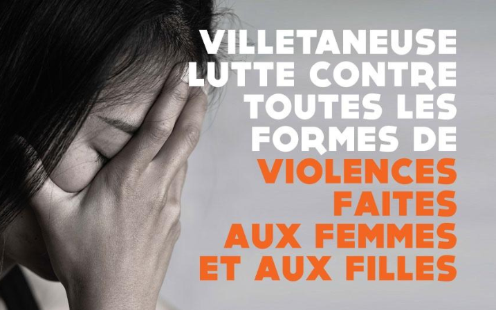 A gauche de l'image, une femme de profil a les yeux fermés et tient son visage dans sa main. A droite de l'image, le texte dit : "Villetaneuse lutte contre toutes les formes de violences faites aux femmes et aux filles"."