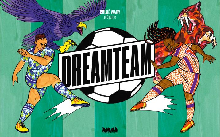 Affiche du jeu "Dream team" représentant deux footballeuses sur un fond vert et un aigle violet en arriere plan