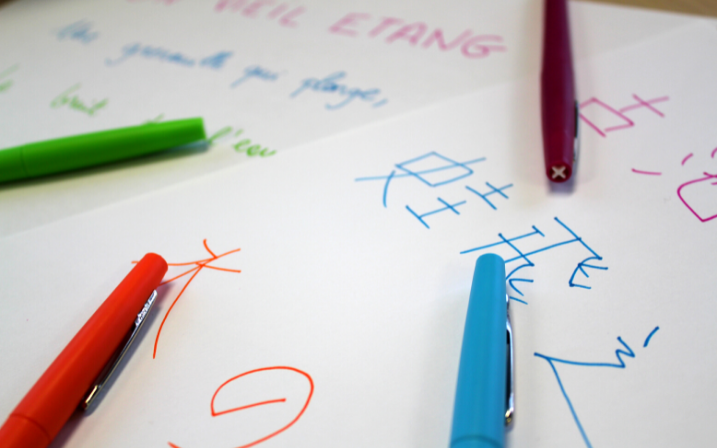 feuilles et crayons avec inscriptions multilingues