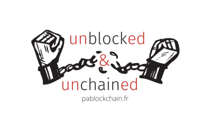 'Dessin de deux mains qui brisent des chaines avec un logo au milieu "Unblocked & Unchained"'